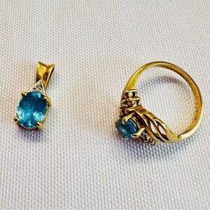 RING/PENDANT SET ~ Gold Blue Topaz Pendant and Ring Set 14K Yellow Gold